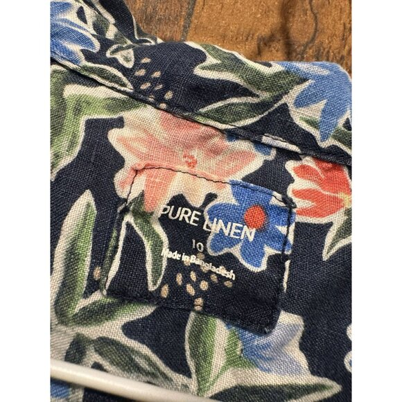 M&S Pure Linen Navy Blue Pink Red Floral Shirt Top Size Uk 10 - Picture 4 of 5